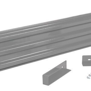 A long, grooved, rectangular gray metal panel, similar to the Vestil Drop-In Style Guard Rail 7 Ft Gray Semi Gloss, is displayed with two small angular brackets and screws.