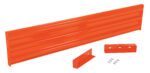 The Vestil Drop-In Style Guard Rail 7 Ft Orange set includes a 7 ft orange panel, two brackets, and four screws. Each metal component has pre-drilled holes to facilitate easy assembly or mounting.