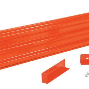The Vestil Drop-In Style Guard Rail 7 Ft Orange set includes a 7 ft orange panel, two brackets, and four screws. Each metal component has pre-drilled holes to facilitate easy assembly or mounting.
