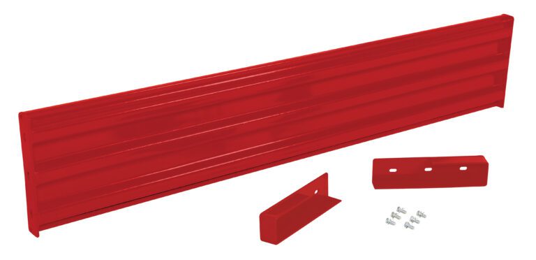 A red horizontal panel with three grooves, two red brackets, and screws resembles a mounting or shelving component like the Vestil Drop-In Style Guard Rail 7 Ft Red.