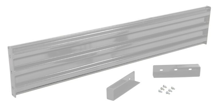A gray metal wall bracket system, similar to the robust Vestil Drop-In Style Guard Rail 7 Ft Silver, showcases a long slatted panel with two mounting brackets and screws, all on a white background.