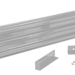 A gray metal wall bracket system, similar to the robust Vestil Drop-In Style Guard Rail 7 Ft Silver, showcases a long slatted panel with two mounting brackets and screws, all on a white background.