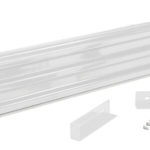 White rectangular metal bracket with ribbed surface, akin to the Vestil Drop-In Style Guard Rail 7 Ft White, includes two smaller L-shaped brackets and six assembly screws, all set against a plain white background.