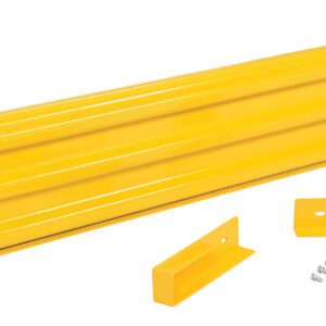 The yellow metal wall bumper, similar to the Vestil Drop-In Style Guard Rail 7 Ft Yellow, has a ribbed surface and includes two small brackets with screws, offering a complete mounting kit for easy installation.