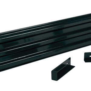 This black metal garage door brace, set against a white background, boasts a ribbed design for strength. Comparable in durability to the Vestil Drop-In Style Guard Rail 8 Ft Black, it comes with two brackets and multiple screws for secure installation.