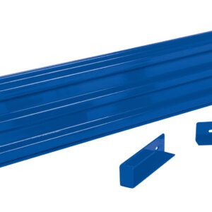 A blue metal kickplate, similar to the Vestil Drop-In Style Guard Rail 8 Ft Blue, has a ribbed texture and includes two L-shaped brackets with screws for easy assembly, shown on a white background.