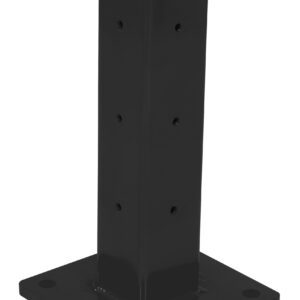 The Vestil Rigid Tube Post 18 In Drop-In Style Black features a tall, sleek design with an 18-inch rectangular shape, rounded edges, vertically aligned holes, and is supported by a flat square base with gently rounded corners.