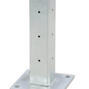The Vestil Rigid Tube Post 18 In Drop-In Style Galvanized, standing at 18 inches tall, is a gray metal structure with a flat base containing four securing holes, a rounded top, and several small side holes for mounting or adjustments.