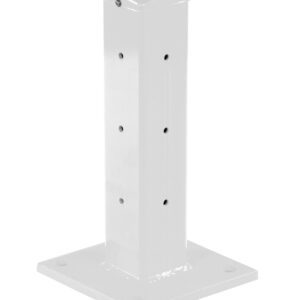 The Vestil Rigid Tube Post 18 In Drop-In Style White features a sturdy rectangular metal design with an 18-inch drop-in style, flat base, rounded top, and multiple side holes for mounting or support.