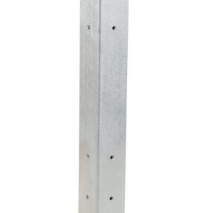 The Vestil Rigid Tube Post, 42 inches in drop-in style, stands on a flat square base. This galvanized hardware features a metallic surface with multiple holes, offering structural support and a sleek silver finish.