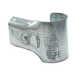 The Vestil Guard Rail System Buffer End Guard is a metallic, U-shaped bracket with two mounting holes on its textured top left surface. Its visible scratches and marks add to its rugged, worn appearance.