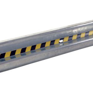 The Vestil Guard Rail Straight Rail Galv 132 In includes a metallic guardrail with a silver finish, accented by black and yellow diagonal safety stripes. Its slightly curved design provides impact protection, and the plain white backdrop highlights its sleek look.