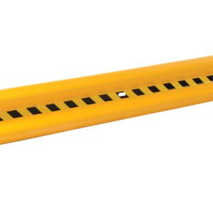 The Vestil Guard Rail 132 In is a bright yellow rail with black square cutouts, designed to restrict access to machinery or hazardous areas. It features a slight curve and is displayed against a white background.