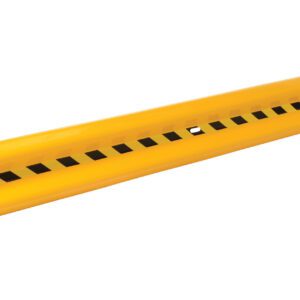 A yellow car stopper with black stripes, similar to the Vestil Guard Rail Straight Rail Yel 144 In. It has a sleek, slightly curved design with small rectangular cutouts that combine style and functionality.