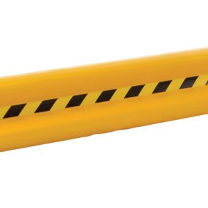The Vestil Guard Rail Straight Rail Yel 36 In is designed for enhanced visibility with its bright yellow color and black diagonal stripe. It features a rounded profile and comes with two holes on each end for easy and secure mounting.