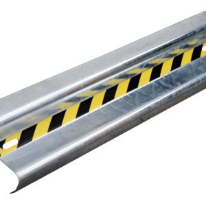 The Vestil Guard Rail Straight Rail Galv 48 In features a yellow and black diagonal stripe pattern, a shiny galvanized finish for durability, and a concave shape expertly designed for effective impact absorption.