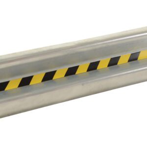 The Vestil Guard Rail Straight Rail Galv 60 In features a black and yellow hazard stripe on its curve. With bolt holes for simple installation, this robust rail system combines safety with durability in galvanized steel.