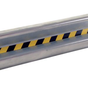 The Vestil Guard Rail Straight Rail Galv 72 In is a metallic guardrail with reflective black and yellow stripes for road safety. Its slotted ends allow for easy installation and strong protection.