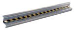 The Vestil Guard Rail Straight Rail Galv 84 In, slightly curved and new, complements the black and yellow striped metallic road barrier. Its expertly designed for improved road safety and separation.