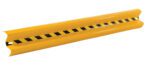 The Vestil Guard Rail Straight Rail Yel 84 In is a long, cylindrical, yellow safety barrier with a striking black and yellow chevron pattern down the center, ideal for industrial or warehouse use.