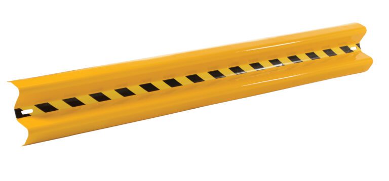 The Vestil Guard Rail Straight Rail Yel 84 In is a long, cylindrical, yellow safety barrier with a striking black and yellow chevron pattern down the center, ideal for industrial or warehouse use.