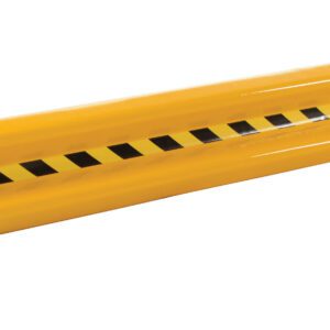 The Vestil Guard Rail Straight Rail Yel 96 In is bright yellow with black diagonal stripes and a rounded protective design. Its small mounting holes make it ideal for warehouses or industrial settings, providing extended coverage at 96 inches to prevent damage.