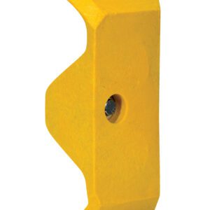 A wedge-shaped, yellow object with a hexagonal bolt in the center embodies the Vestil Guard Rail System Yellow Plastic End Cap. It features angular edges and a flat surface, ideal for mechanical or industrial use.