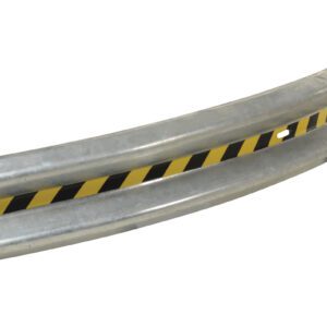 The Vestil Guard Rail Curved Rail Galv 96 In, with its sleek yellow and black warning stripe, offers a smooth reflective surface that enhances road safety with style and precision.