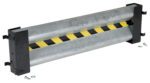 The Vestil Guard Rail System Drop In Rail, measuring 51 inches, showcases a sleek cylindrical steel design with a central black and yellow diagonal pattern. It includes mounting brackets on both ends and two small screws.
