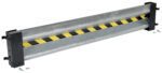 A 63-inch metal safety barrier with a black and yellow striped design, similar to the Vestil Guard Rail System Drop In Rail. It has two black mounting brackets on each end with small screws nearby, offering a sturdy and industrial appearance.