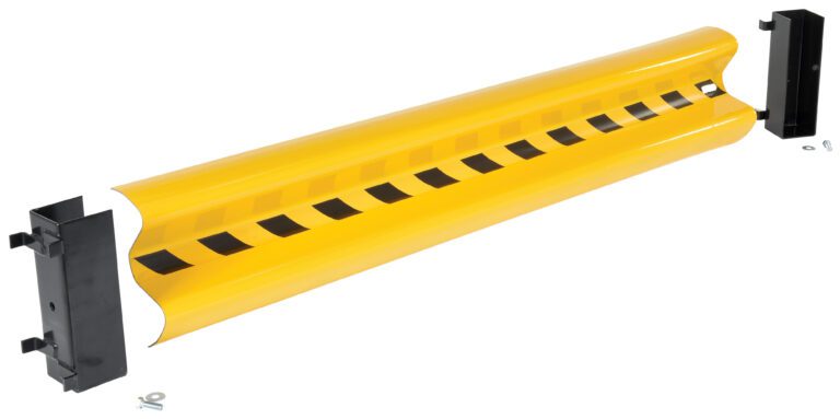 A yellow and black striped safety barrier, resembling the Vestil Guard Rail System Drop In Yel 75 In, features black end mounts and a slight curve for impact protection. Its displayed with small screws for easy installation.