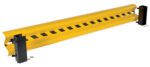 The Vestil Guard Rail System Drop In Yel 87 In features a yellow industrial safety barrier with a curved design and black brackets. Its center is decorated with a striking zigzag pattern, and small mounting screws are placed near the ends.