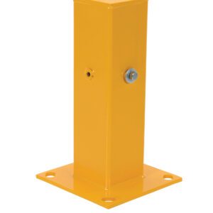 The Vestil Guard Rail System Tubular Post 18 In is complemented by a yellow metal bollard base, square-shaped with a side bolt, featuring a flat square plate and four corner holes for easy mounting.