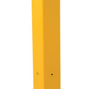 A yellow “Vestil Guard Rail System Tubular Post 42 In” bollard stands upright on a plain white background. It has a square base with four holes and features a lockable hasp at the bottom for extra security.