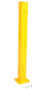 A tall yellow metal bollard resembling a part of the Vestil Guard Rail System Tubular Post 60 In stands upright on a square base with three mounting screws visible at the bottom right, set against a pristine white background.