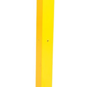 A tall yellow metal bollard resembling a part of the Vestil Guard Rail System Tubular Post 60 In stands upright on a square base with three mounting screws visible at the bottom right, set against a pristine white background.