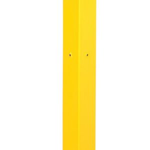 The Vestil Guard Rail System Tubular Post 72 In is a yellow square metal post that stands 72 inches tall with mounting holes. Positioned vertically against a white background, its base is securely fastened with four bolts.