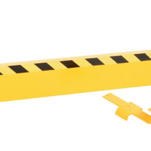 The Vestil Channel Guard Rail 10 Ft Length W/Bracket has black diagonal stripes on a yellow background, comes with secure mounting brackets on each end plus an extra one, and is perfect for industrial or commercial settings.
