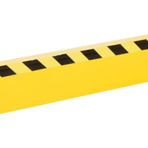 The Vestil Channel Guard Rail 4 Ft Length W/Bracket, featuring black diagonal stripes on yellow, disassembles into a 4 ft. horizontal beam and two vertical mounts with bolt holes. Brackets, bolts, and screws are included for easy assembly.