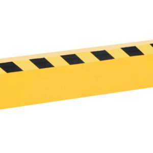The Vestil Channel Guard Rail 6 Ft Length W/Bracket features a striking yellow and black striped design. It includes two yellow mounting brackets and bolts, all displayed on a simple white background for a clean appearance.