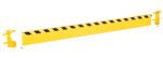 The Vestil Channel Guard Rail 8 Ft Length W/Bracket features a bold yellow design with black diagonal stripes and includes two detachable end brackets and mounting screws, perfect for industrial safety applications.