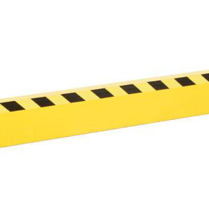 The Vestil Channel Guard Rail 8 Ft Length W/Bracket features a bold yellow design with black diagonal stripes and includes two detachable end brackets and mounting screws, perfect for industrial safety applications.