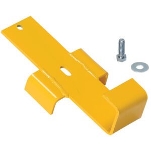 A yellow metal bracket with curved ends lies on a white surface, accompanied by a bolt, nut, and washer. This is the Vestil Ctr Support Bracket 10 or 12 Foot Rail design.