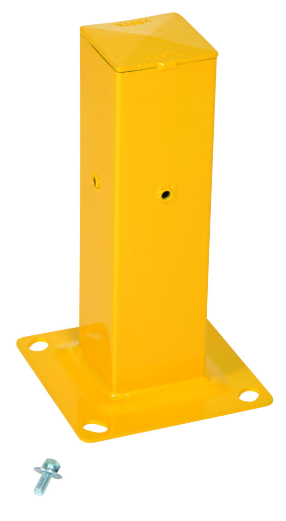 GR-STC8-DI-TP18-YL_A.jpg A sturdy yellow metal bollard base with four corner mounting holes mirrors the robust design of a Vestil Channel Guard Rail Tubular 18 In. Nearby, a small silver bolt lies on a pristine white background.