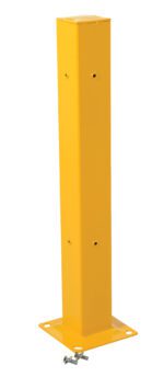 The Vestil Channel Guard Rail Tubular 42 In is a yellow metal bollard post with a flat square base and four mounting holes. This 42-inch post includes two nearby screws with washers for easy installation.