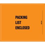 Bold black text reads PACKING LIST ENCLOSED on the orange MH-USA 8 1/2 x 10 Mil-Spec envelopes (1000/case). Side text instructs, Fold Here.