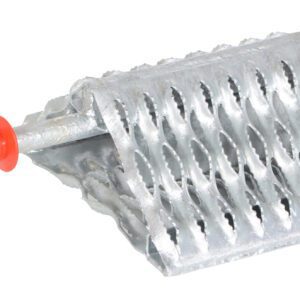 A metal rasp tool with a red handle mirrors the durability of the Vestil Serrated Steel Wheel Chock 11.25X9X4.875. Its textured, rectangular surface excels at shaping or smoothing materials, while the silver metallic finish beautifully highlights its serrated edges.