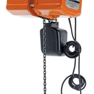 The Vestil Econ Chain Hoist W/ Container 1K 1 Phase, in vibrant orange, includes a sturdy metal chain, hook, sleek black cords, and an integrated control switch. With a 1,000 capacity label, its expertly designed for easily lifting and moving heavy objects.