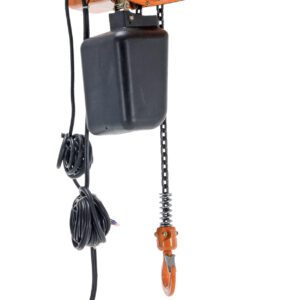 The Vestil Econ Chain Hoist W/ Container 1K 3 Phase includes a strong hook, control pendant, power cord, and is suspended. The model has a label showing its efficient lifting capacity of 1,000 kg.