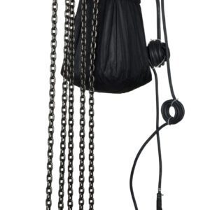 The Vestil Econ Chain Hoist W/Container 10K 1 Phase features an orange industrial design, dual hooks, control switch, and a sturdy metal chain suitable for heavy-duty tasks like lifting 5 tons in construction and warehousing environments.